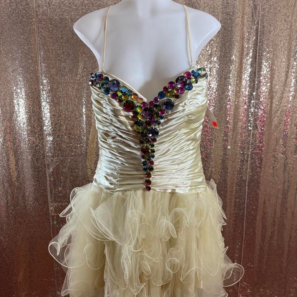 Cream Beaded Fairy Ruffled Tulle Satin Ruched Homecoming Dress/Size L-XL-2XL